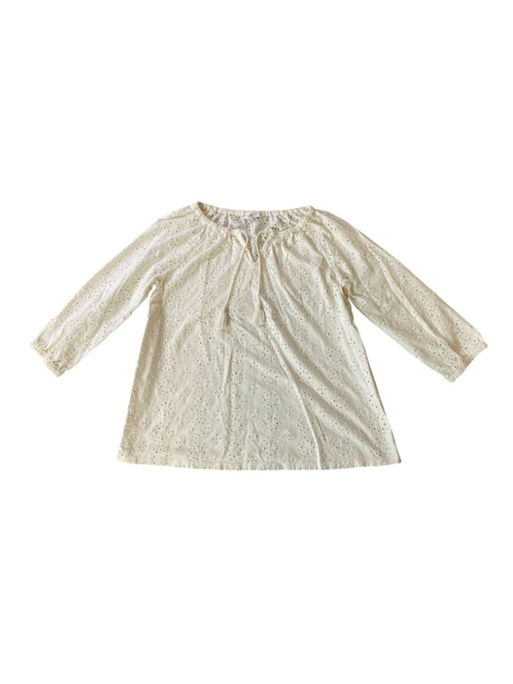 J. Jill White Eyelet Cotton Top Tassels at Neck 3/4 Sleeves Small
